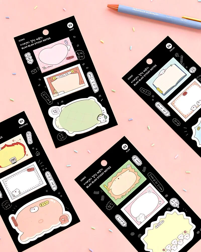 "meta_description": "Discover stylish Sticky Notes with ICONIC Blah Blah design for fun organization.",